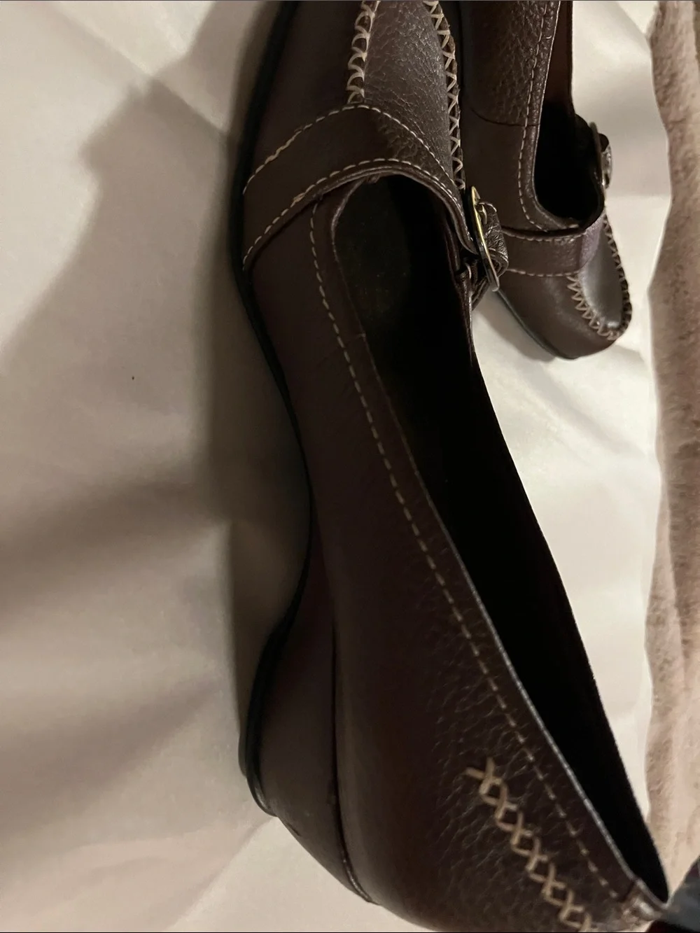 BareTraps Brown Leather Buckle Loafers with Contrast Stitching